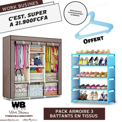 ACHAT Pack armoire 3 battants en tissus avec rangement chaussuresCFA21,900